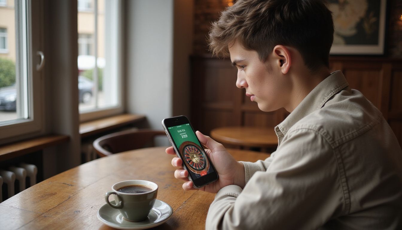 A person playing live roulette on a smartphone in a cozy cafe. A person playing live roulette on a smartphone in a cozy cafe.