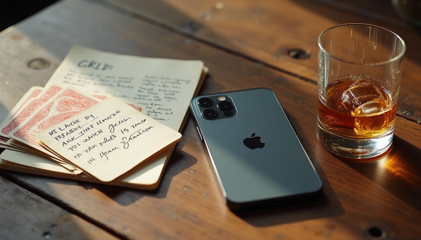 A sleek iPhone, playing cards, notepad, and whiskey glass on table. A sleek iPhone, playing cards, notepad, and whiskey glass on table.