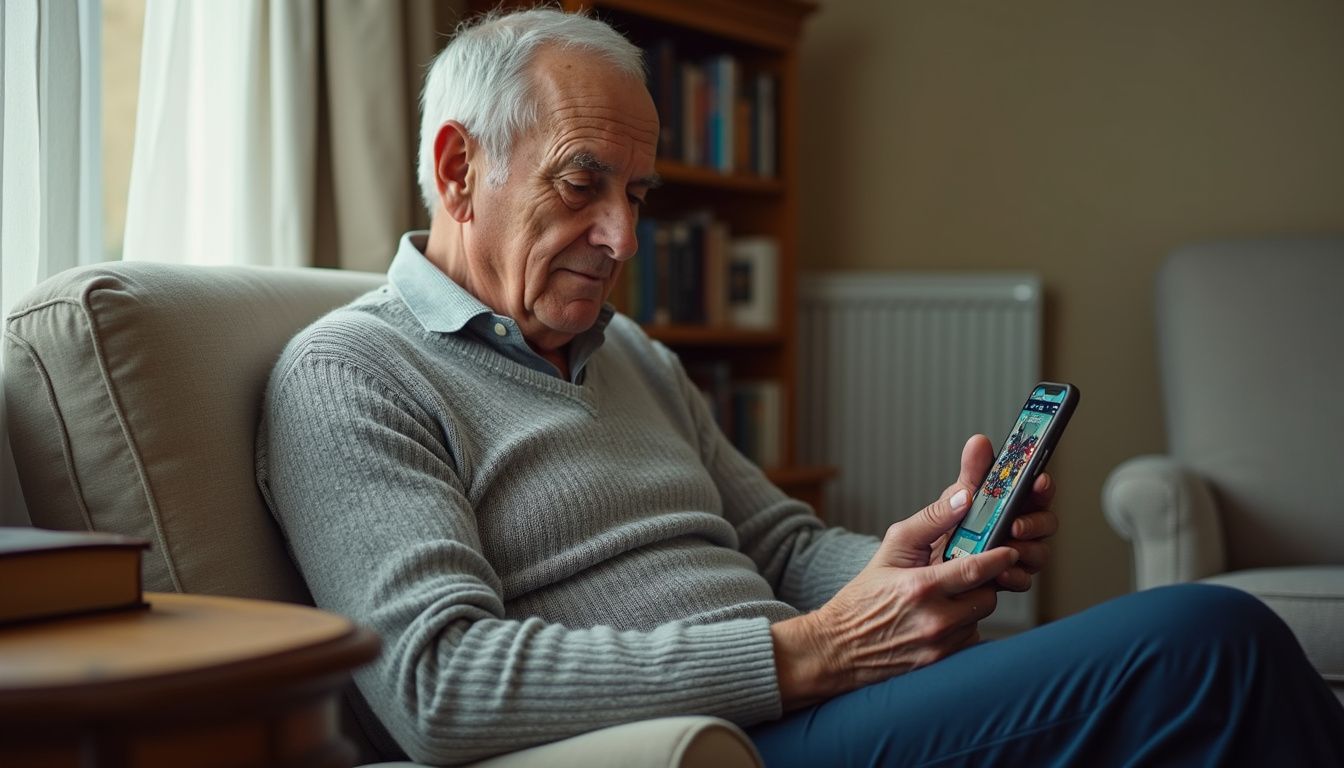 An elderly man plays online blackjack on his iPhone in a cozy living room. An elderly man plays online blackjack on his iPhone in a cozy living room.