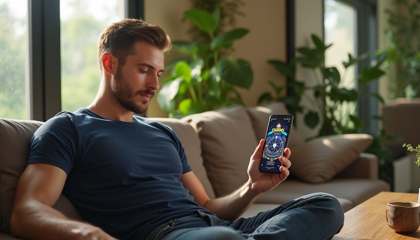 A man sits comfortably on a sofa using a crypto casino app. A man sits comfortably on a sofa using a crypto casino app.