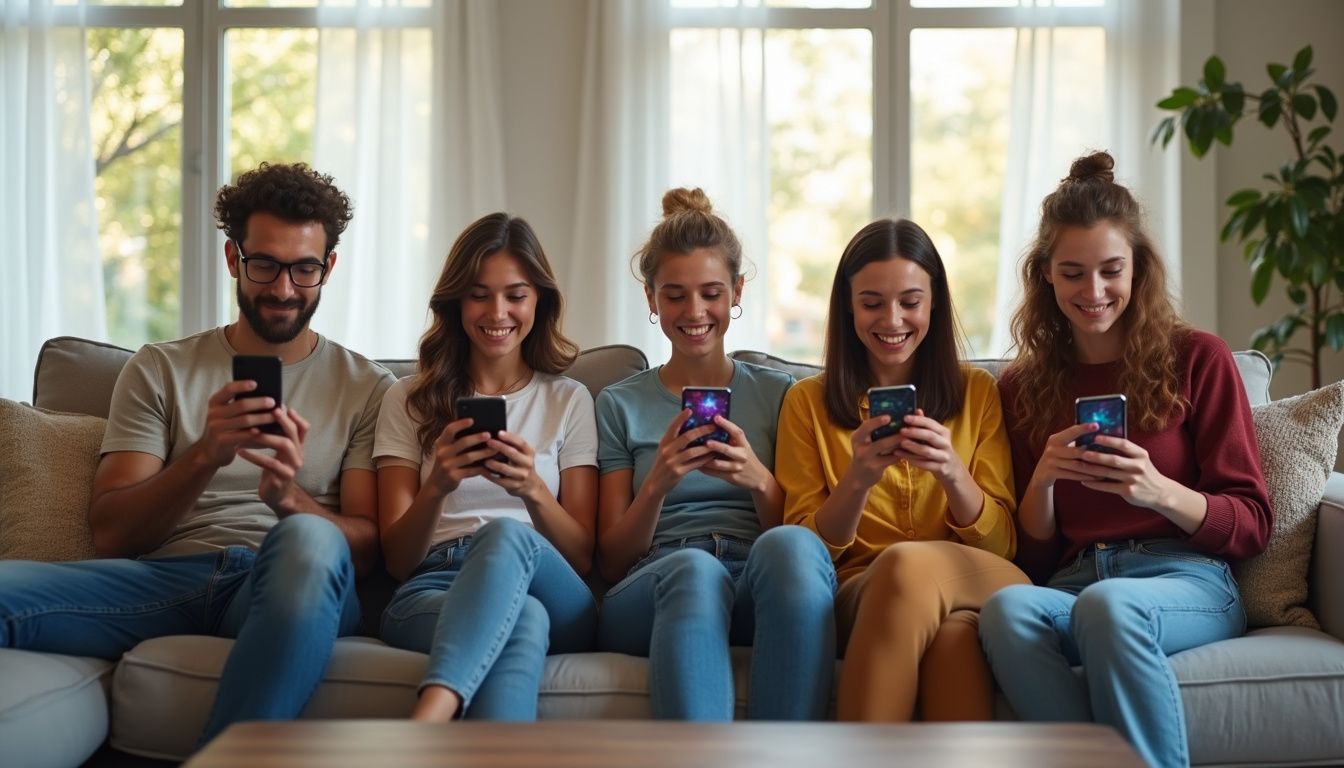 Six friends in modern living room, enjoying slot apps on smartphones. Six friends in modern living room, enjoying slot apps on smartphones.