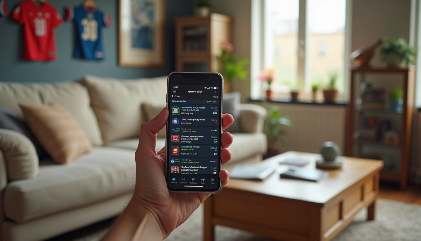 A hand holding a smartphone showing live sports odds in a cozy living room. A hand holding a smartphone showing live sports odds in a cozy living room.