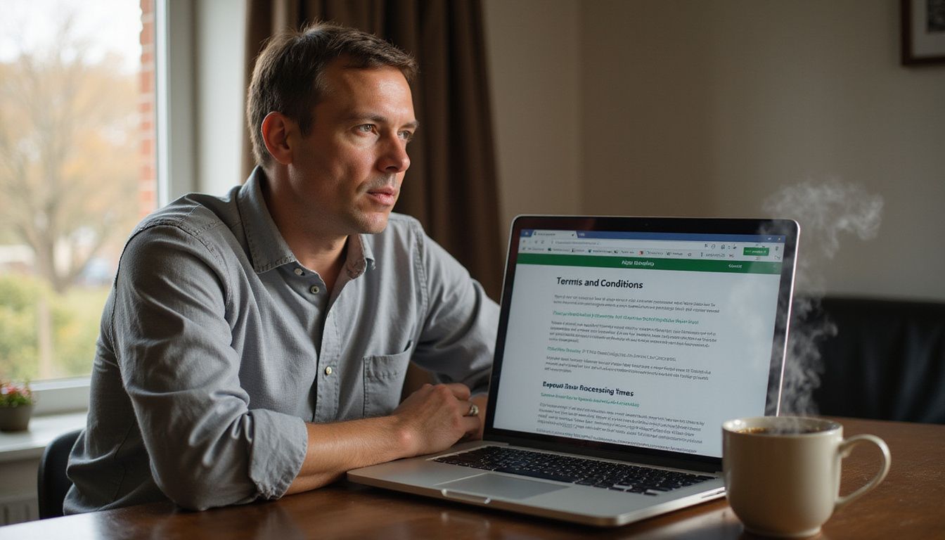 A person sitting at a desk, reading sports betting website terms. A person sitting at a desk, reading sports betting website terms.