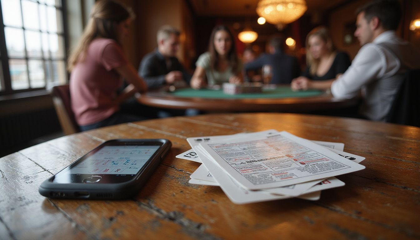 A blackjack setup with cards, smartphone, and strategy chart on a table. A blackjack setup with cards, smartphone, and strategy chart on a table.