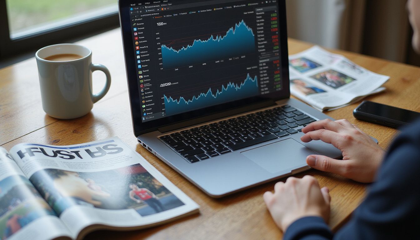 A sleek laptop displaying sports statistics and charts on a wooden desk. A sleek laptop displaying sports statistics and charts on a wooden desk.