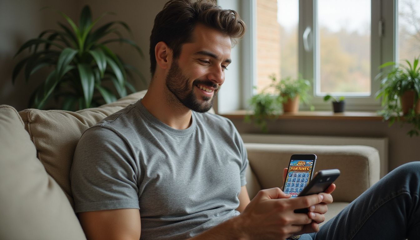 A man enjoying a mobile slot app on his smartphone at home. A man enjoying a mobile slot app on his smartphone at home.