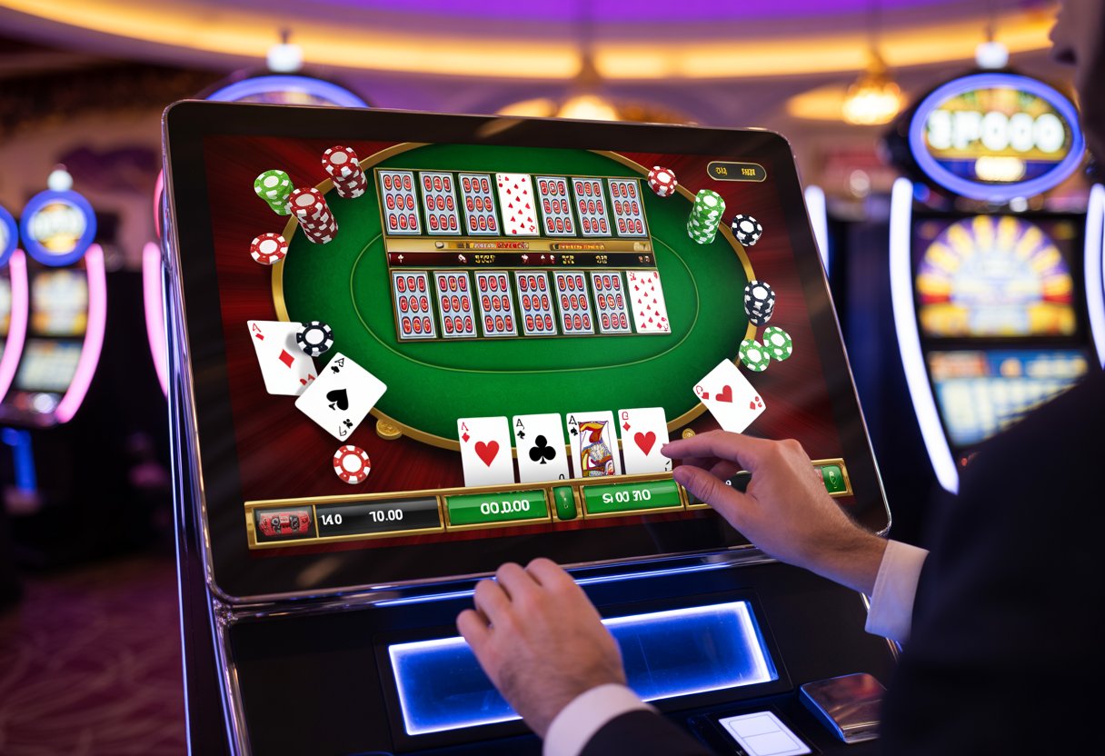 A person playing video poker on a machine showing multiple hands with poker cards and chips in a casino setting.