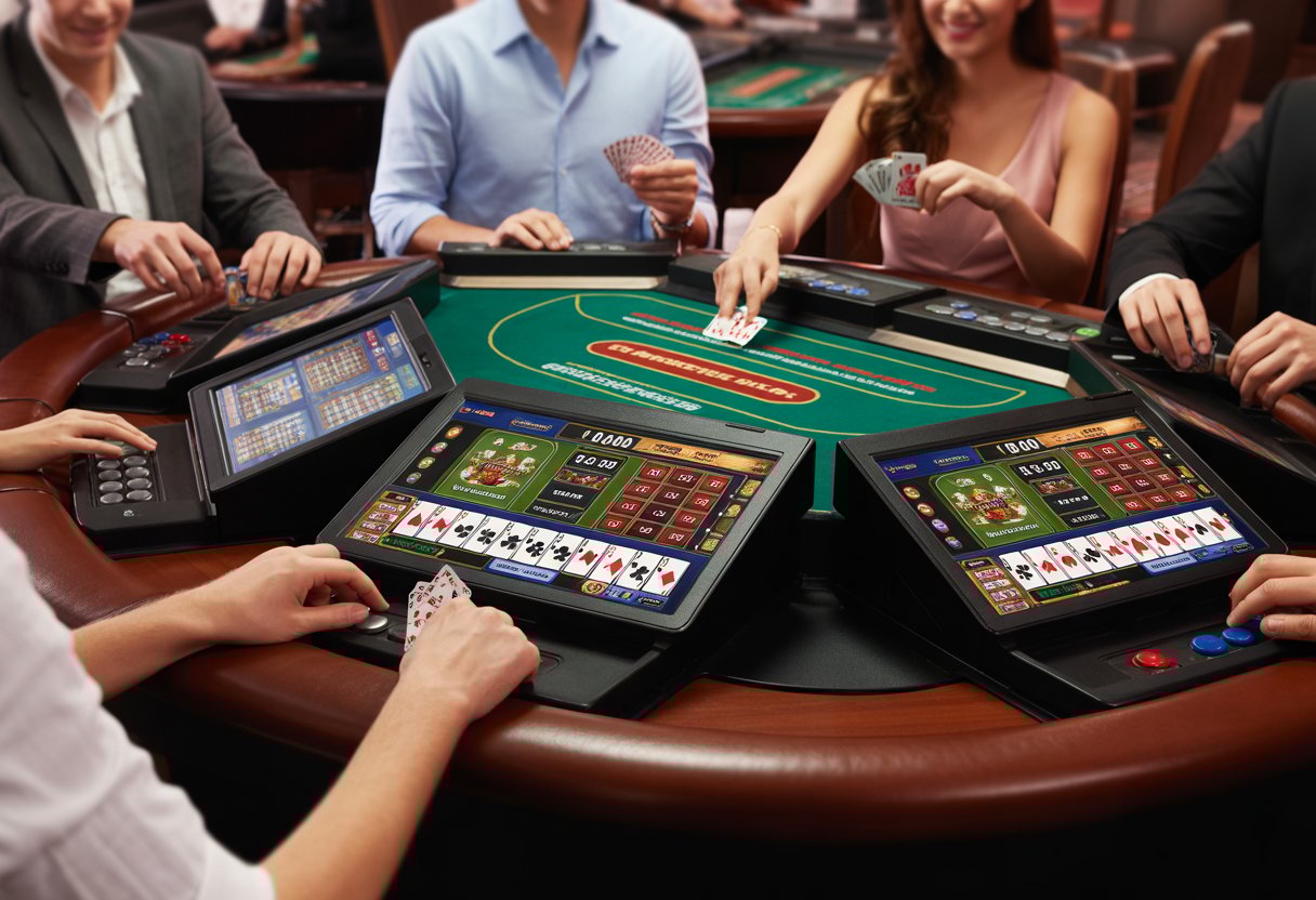 Casino table with multiple video poker machines showing poker cards on their screens and players interacting with the games.