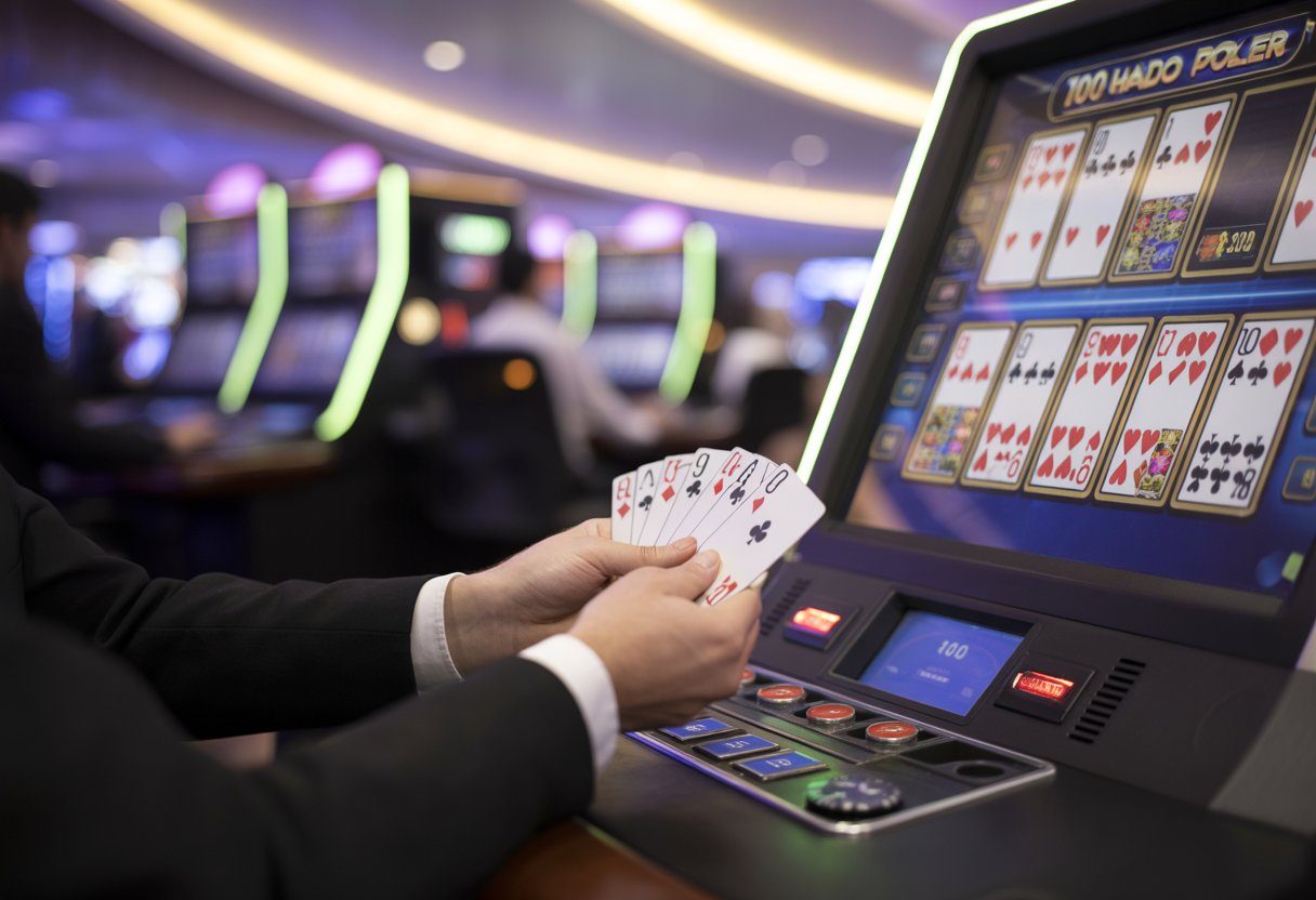 A person playing multiple hands of video poker at a casino machine, holding cards with the game screen visible.