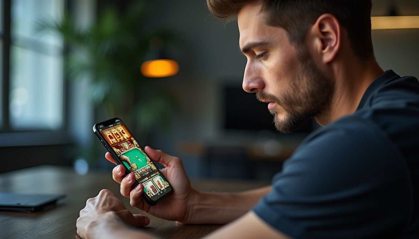 A man in his 30s focuses on casino games on his phone. A man in his 30s focuses on casino games on his phone.