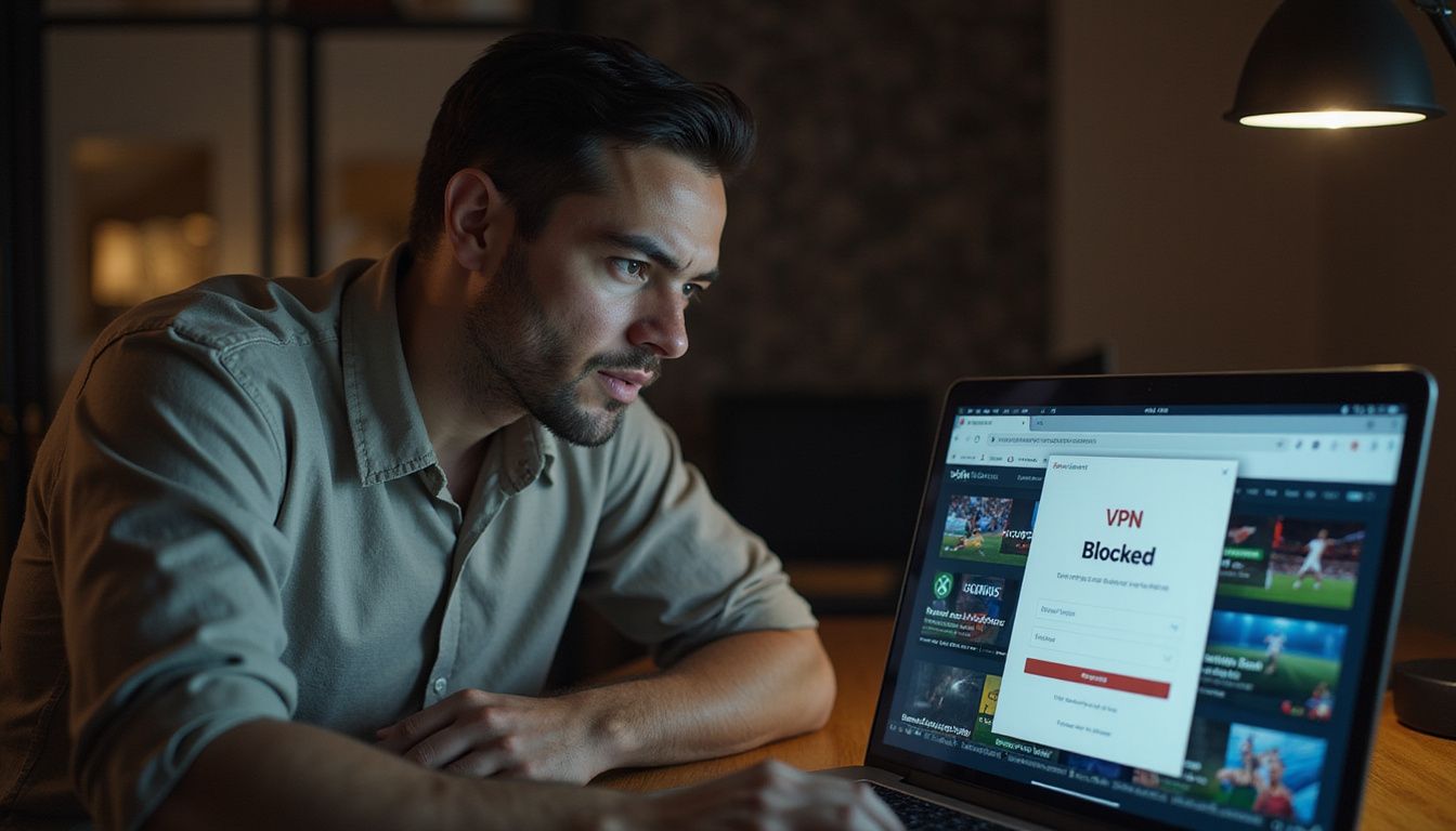 A person frustrated with a VPN block while browsing sports betting websites. A person frustrated with a VPN block while browsing sports betting websites.