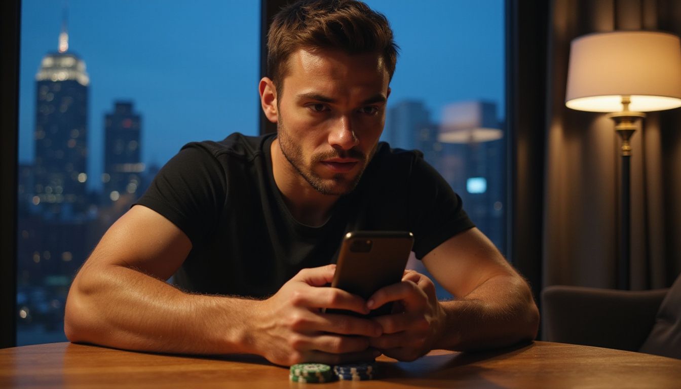 A man in his 20s sitting at a table, focused on his phone. A man in his 20s sitting at a table, focused on his phone.