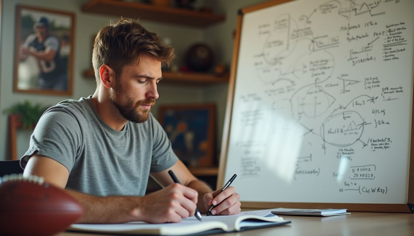 A man concentrates on analyzing sports statistics and betting odds at his desk. A man concentrates on analyzing sports statistics and betting odds at his desk.