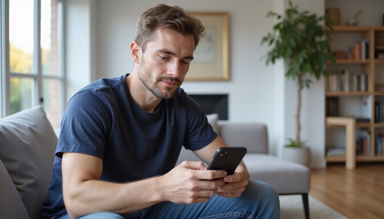 A man sits on a modern sofa using a smartphone. A man sits on a modern sofa using a smartphone.