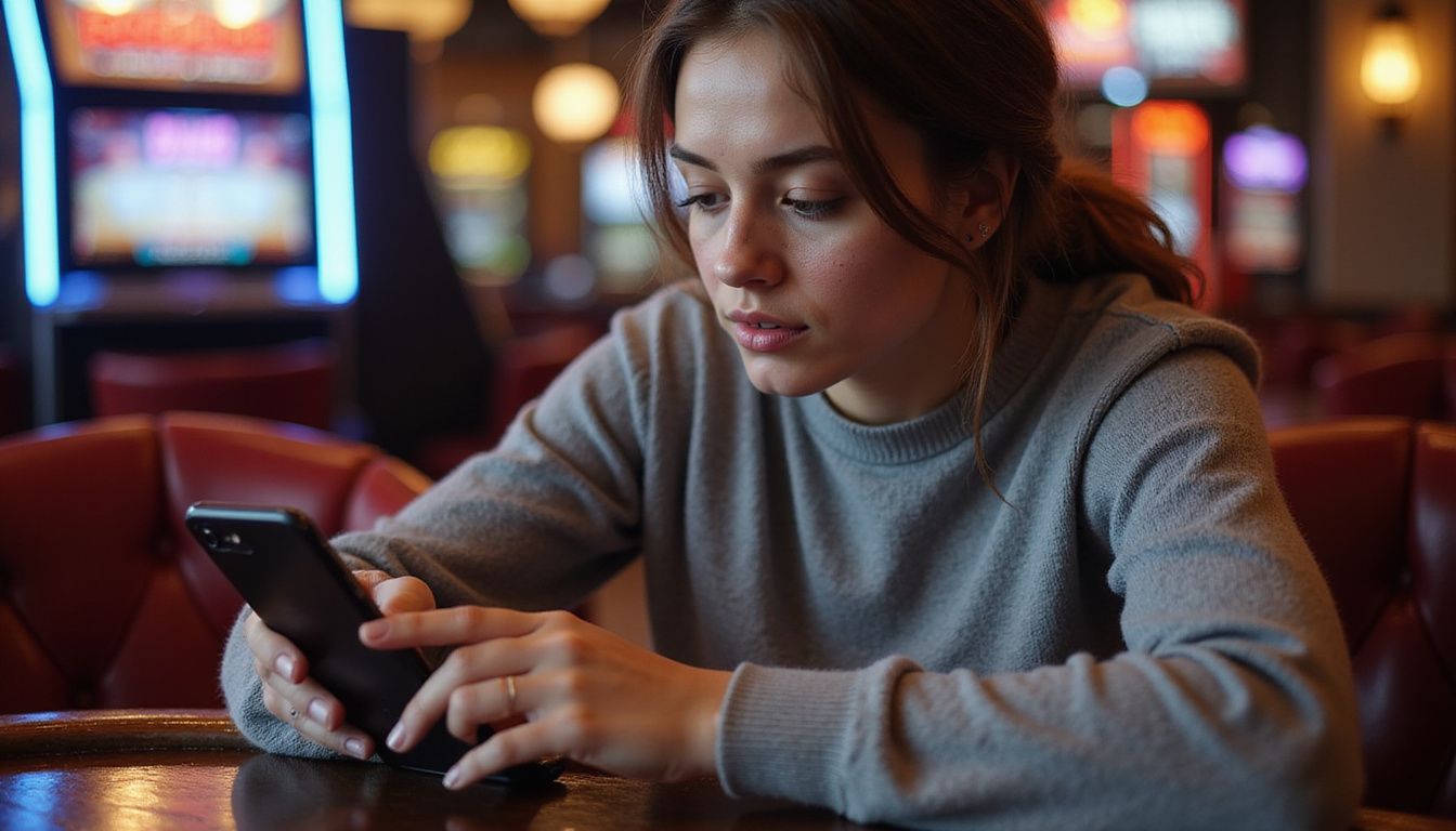 A young woman playing blackjack on her iPhone in a casino. A young woman playing blackjack on her iPhone in a casino.